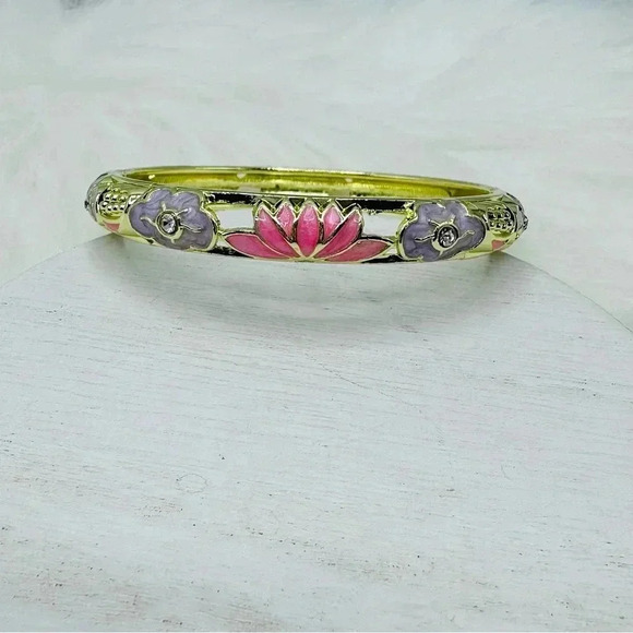 Purple & Pink Flower Enamel Cloisonne Bracelet Bangle - Picture 1 of 8